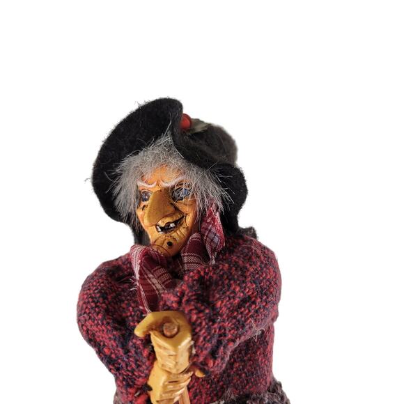 Vintage Witch Doll 9" Handmade Fabric & Resin Broomstick Hanging Decor Halloween - Picture 7 of 16